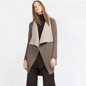 Zara Wool Blend Waterfall Drape Cardigan S Taupe Beige Cold Weather Layer
